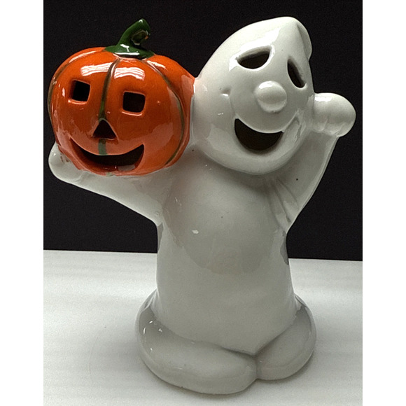 Vtg Midwest Cannon Falls Halloween Ceramic Ghost Pumpkin Candle Holder Luminary - Picture 1 of 12